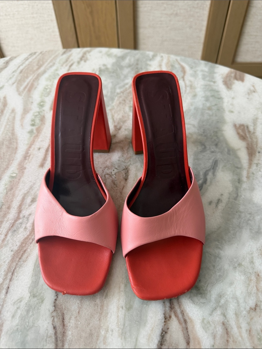 STAUD Pink and Coral Two-Tone Slide Heels